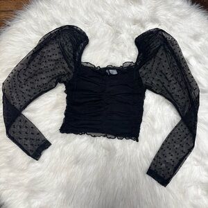 Divided Black Tulle / Lace Velvet Polka Dot Rouched Long Sleeve Crop Top size XS